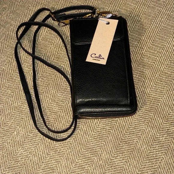 NWT Black Leather Cell iPhone Crossbody Cell Phone Bag Case Credit Card Slots - Picture 2 of 7